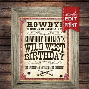Wild West Cowboy Party Sign - INSTANT DOWNLOAD - Partially Editable & Printable Birthday, Western Decorations, Decor, Poster, Welcome, Howdy