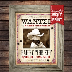 Póster con foto de "SE BUSCA VAQUERO" - DESCARGA INSTANTÁNEA - Editable e imprimible parcialmente - Cumpleaños, decoraciones del oeste, decoración, póster, recompensa, imagen