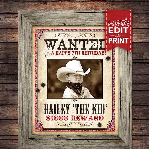 Cowboy WANTED Photo Poster - INSTANT DOWNLOAD - Partially Editable & Printable Birthday, Western Decorations, Decor, Poster, Reward, Picture