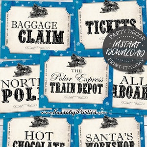 Polar Express Party Signs - INSTANT DOWNLOAD - Printable Posters, Train Depot, Tickets, Baggage Claim, North Pole, Hot Chocolate, Blue