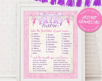 Fairy Name Poster - INSTANT DOWNLOAD - Printable Party Sign, Girls Birthday, Baby Shower, Pink Party Decor, Wall Art, Decoration, Fairies