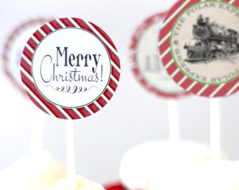 Polar Express Party Circles - INSTANT DOWNLOAD - Edit & Print, Christmas, Birthday Party, Red Favor Gift Tags, Cupcake Toppers, Food Labels