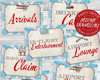 Vintage Airplane Posters Signs - INSTANT DOWNLOAD - 10x Printable Party Airport, Departures, Arrivals, Baggage Claim, Lounge, Refreshments