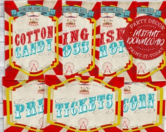 30 Carnival Games Signs & Posters - INSTANT DOWNLOAD - Printable Birthday Party, Sideshow Alley, Circus Decor, Food, Prizes, Tickets Popcorn