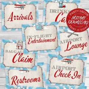 Vintage Airplane Posters Signs - INSTANT DOWNLOAD - 10x Printable Party Airport, Departures, Arrivals, Baggage Claim, Lounge, Refreshments