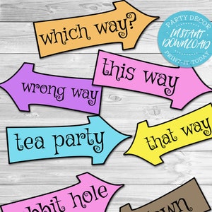 Alice in Wonderland Arrow Signs - INSTANT DOWNLOAD - Mad Hatter Tea Party, Birthday, Baby Shower, Printable Sign Poster Decorations, Decor