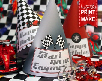 Racing Car Party Hats - INSTANT DOWNLOAD - Printable Birthday Party Decorations, Decor, Templates, Grand Prix, Race Car, Print and Make
