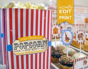 Popcorn Bag Printable Template - INSTANT DOWNLOAD - Circus Editable & Printable Party Decorations, Decor, Carnival Food, Edit Text Yourself