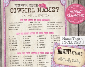 Wild-West-Cowgirl-Namensposter + Namensschilder ROSA – SOFORT-DOWNLOAD – „Wie heißt dein Cowgirl?“ Druckbares Partyschild, Geburtstagsspiel