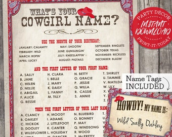 Wilder Westen Cowgirl Namen Poster + Namensschilder ROT - INSTANT DOWNLOAD - 'Was ist dein Cowgirl Name?' Druckbares Party Schild, Geburtstagsspiel
