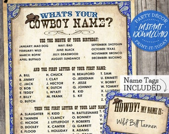 Wild West Cowboy Name Poster + Name Tags BLUE - INSTANT DOWNLOAD - 'What's your Cowboy Name?' Printable Party Sign, Birthday, Rodeo Decor