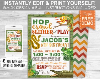 Reptile Invitation - INSTANT DOWNLOAD - Editable & Printable Boys Birthday Party Invite, Lizard, Frog, Snake, Chameleon, Hop, Crawl, Slither