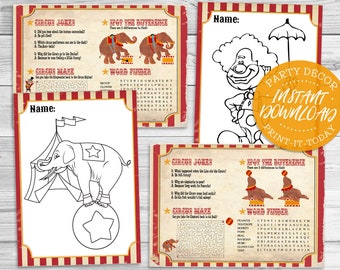 Vintage Circus Activity & Coloring Sheets/Placemats - INSTANT DOWNLOAD - Birthday Party Decorations, Decor, Big Top, Clowns, Carnival, Decor