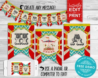 Vintage Carnival Party Banner - INSTANT DOWNLOAD - Editable, Printable Decoration, Birthday, Circus Decor, Bunting, Edit & Print Yourself