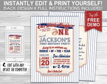 Baseball Invitation - INSTANT DOWNLOAD - partially Editable & Printable, Rookie, 1st Birthday, Party Invite, Boys First Bday, Little Slugger