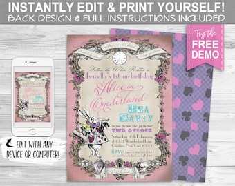 Alice in ONEderland Tea Party Invitation - INSTANT DOWNLOAD - Pink Pastel, Edit & Print Yourself, 1st Birthday Invite, First, White Rabbit