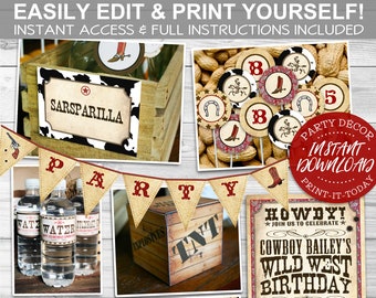 Wild West Cowboy Party Pack - INSTANT DOWNLOAD - Editable & Printable Birthday Party Decorations, Decor, Rodeo, Country, Labels, Banner