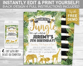 Jungle Safari Invitation - INSTANT DOWNLOAD - Editable & Printable Birthday Party Invite, Elephant, Africa, Lion, Giraffe, African,