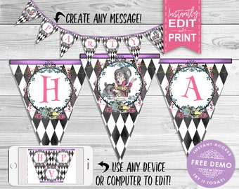 Mad Hatter Tea Party Banner - INSTANT DOWNLOAD -  Editable & Printable Party Banner, Bunting, Alice in Wonderland, Birthday, Baby Shower