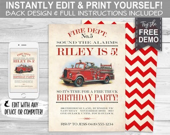 Vintage Firetruck Invitation - INSTANT DOWNLOAD - Partially Editable & Printable Fireman, Fire Engine, Birthday Party Invite Sassaby Parties