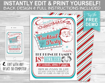 Retro Christmas Cocktail Party Invitation - INSTANT DOWNLOAD - Partially Editable & Printable Holiday Christmas Party Decorations, Invite