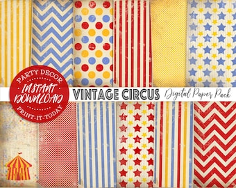 Vintage Circus Digital Paper Pack - INSTANT DOWNLOAD - Scrapbooking Card Making Sheets, Birthday Party Decoration, Decor, Big Top, Carnival