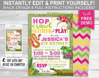 Reptile Invitation - INSTANT DOWNLOAD - Editable & Printable Girls Birthday Party Invite, Lizard, Frog, Snake, Chameleon, Hop, Crawl Slither