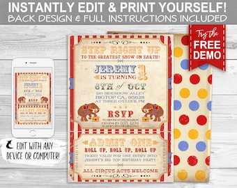 Vintage Circus Invitation - INSTANT DOWNLOAD - Edit & Print, Carnival, Elephant, Big Top, Birthday Party Invite, Step Right Up Greatest Show