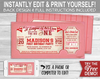 Baseball 'A League of Her Own' 1st BIRTHDAY Invitation - INSTANT DOWNLOAD - Rockford Peaches, Pink, Editable & Printable, First Bday