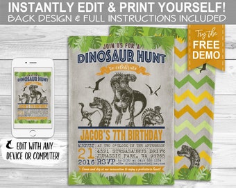 Dinosaur Hunt Invitation - INSTANT DOWNLOAD - Partially Editable & Printable, Jurassic, Park, T-rex Birthday Party Invite, Dinosaurs, Raptor