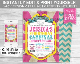 Vintage Carnival Pink Invitation - INSTANT DOWNLOAD -  Edit & Print, Circus, Sideshow, Birthday Party Invite, Come one Come all, Carousel