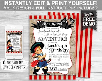 Little Pirate Birthday Party Invitation - INSTANT DOWNLOAD - Editable & Printable Invite, Me Hearties, Jolly Roger, Scallywag, Adventure Map