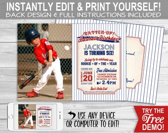 Baseball Photo Invitation - INSTANT DOWNLOAD - Edit & Print, Photo, Picture, Rookie, Birthday Party Invite, Batter Up, Printable, Ballgame