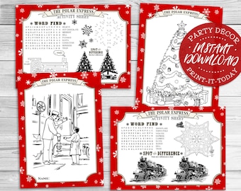 Polar Express Activity Sheets - INSTANT DOWNLOAD - Printable Red Christmas Birthday Party Games, Puzzles, Coloring Sheets, Activities, Train