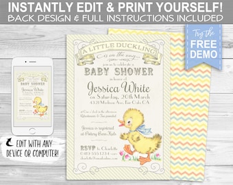Little Duckling Baby Shower Invitation - INSTANT DOWNLOAD -  Edit & Print, Yellow Duck, Sprinkle Invite, Pastel, Little Boy, Gender Reveal