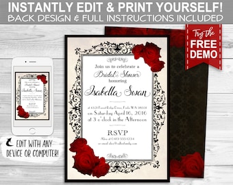 Twilight, Lace & Roses Invitation Bridal Shower  - INSTANT DOWNLOAD - Partially Editable Printable, Birthday, Baby Shower Red Rose Invite
