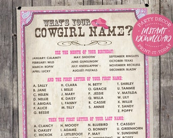 Cowgirl Name Poster PINK - INSTANT DOWNLOAD - 'What's your Cowgirl Name?' Printable Sign, Girls Birthday, Party Decor, Rodeo, Wild West