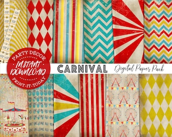 Vintage Carnival Paper Pack 12 Digital Sheets - INSTANT DOWNLOAD - Printable, Circus, Scrapbooking, Cards, Birthday, Planner, Stickers,