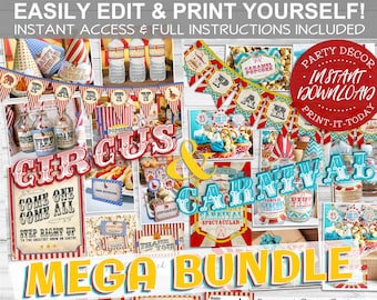 Circus + Carnival MEGA Party Bundle - INSTANT DOWNLOAD - Editable & Printable, Birthday, Baby, Decorations, Decor, Carnival, Posters, Labels