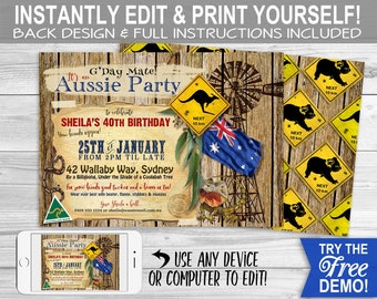 Aussie Party Invitation - INSTANT DOWNLOAD - Edit & Print, Australia, BBQ Birthday Backyard Invite, Australian Flag, Kangaroo Koala, Summer