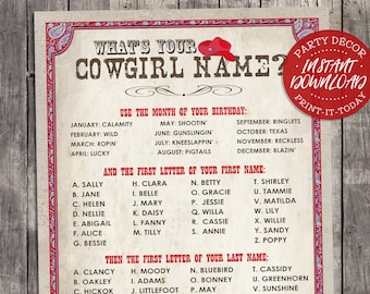 Cowgirl Name Poster RED - INSTANT DOWNLOAD - 'What's your Cowgirl Name?' Printable Sign, Girls Birthday, Party Decor, Rodeo, Wild West