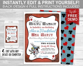Alice in Wonderland Tea Party Invitation - INSTANT DOWNLOAD - Editable & Printable, Birthday Invite, White Rabbit, Baby Shower, Sprinkle