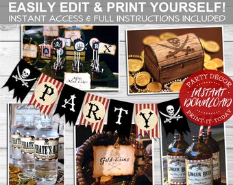 Può includere: Un pacchetto di festa pirata stampabile con uno striscione a strisce rosse e bianche che dice "PARTY" e un cartello che dice "PARTY LIKE A PIRATE". Il pacchetto include etichette per bottiglie d'acqua, etichette per alimenti e decorazioni per cupcake. Il pacchetto è disponibile per il download immediato e può essere modificato e stampato a casa.