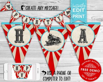 Choo Choo Express Train Banner - INSTANT DOWNLOAD -  Editable & Printable Party Banner, Baby, Birthday, Bunting, Trains, Locomotive, Decor
