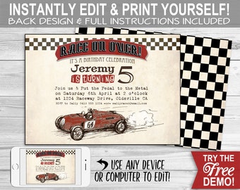 Vintage Racing Car Invitation - INSTANT DOWNLOAD - partially Edit & Printable Birthday, Race Party Invite, Hot Rod, Oldsmobile, Grand Prix