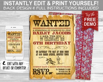 Wild West Cowboy Invitation - INSTANT DOWNLOAD - Partially Editable & Printable Birthday Party Invite, Rodeo, Wanted Sign, Country Hoedown