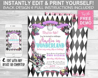 Alice in Wonderland 'Your Name' Birthday Invitation - INSTANT DOWNLOAD -  Editable & Print Yourself, Party Invite, White Rabbit, Edit Text