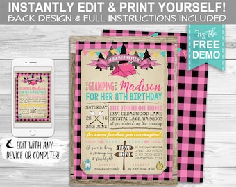 Glamping Party Invitation - INSTANT DOWNLOAD - Editable & Printable, Pink Girls Camping, Birthday, Invite, Tent, Camp out, Summer, Plaid