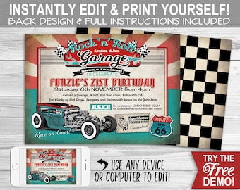 May include: A printable 5"x7" invitation for a 21st birthday party with a 1950s rock and roll garage theme. The invitation features a vintage car, chequered flag, and the text "Rock 'n' Roll into the Garage".