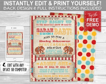 Vintage Circus Baby Shower Invitation - INSTANT DOWNLOAD - Aqua, Editable & Printable, Carnival, Ticket Invite, Party, Big Top, Elephants